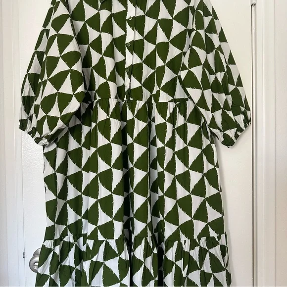Anthropologie Green and White Geometric Long Sleeve Dress Size 2x - Picture 9 of 16